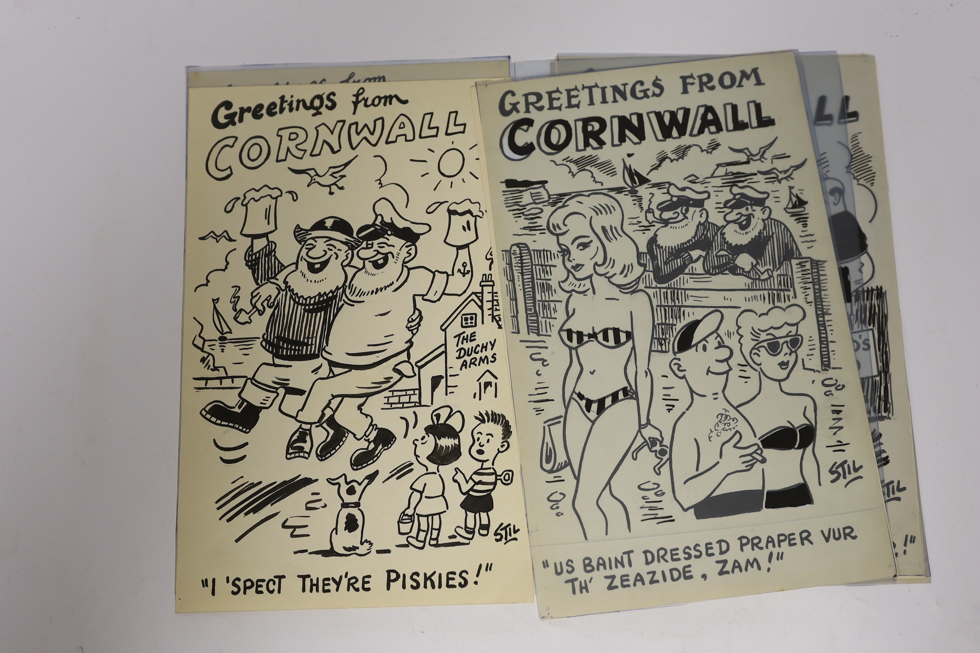 George Stillings 'Stil' (1907-1967), set of six original ink postcard cartoons, Cornish subjects, each 28 x 18cm